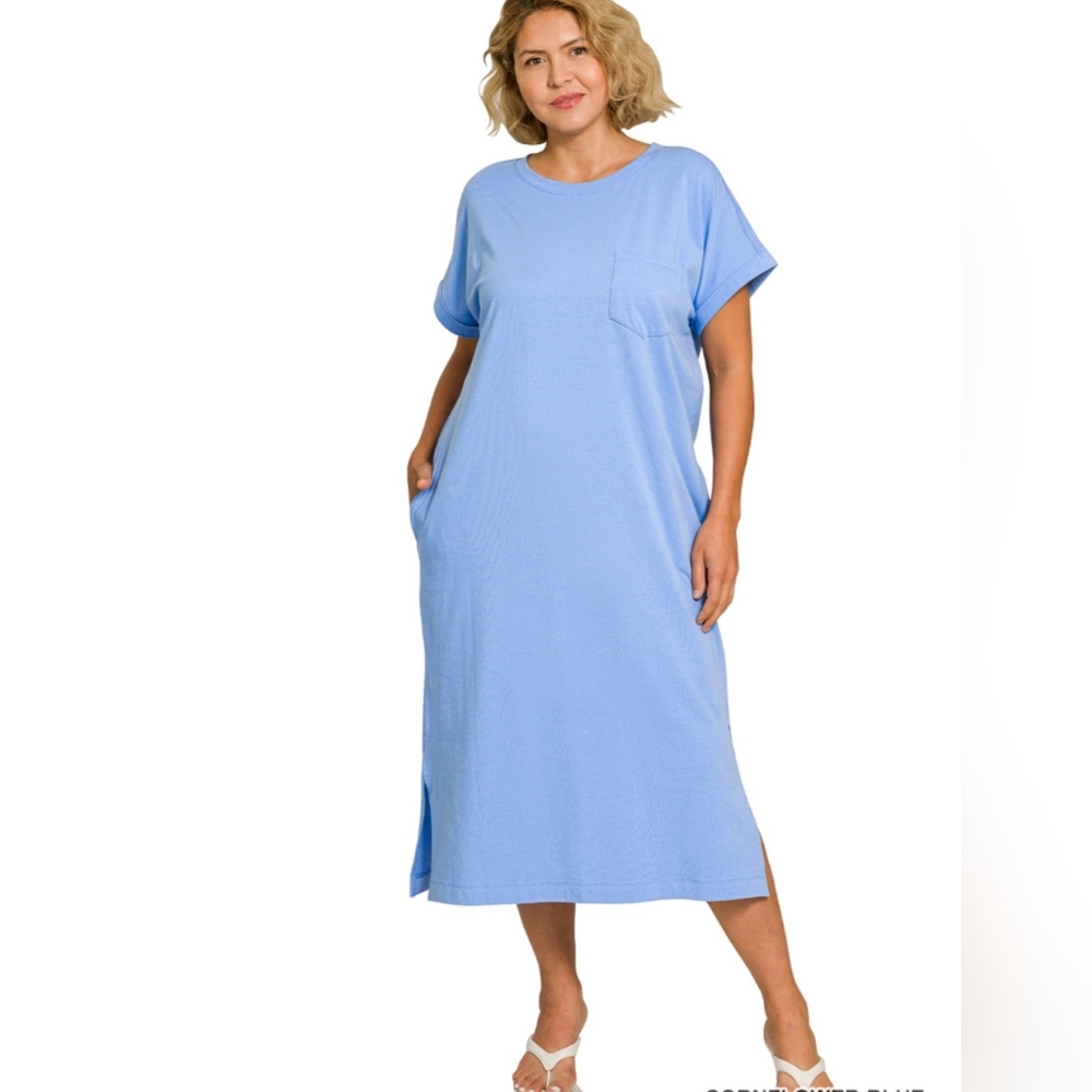 Z109 NWT Zenana Cornflower Blue Midi T-Shirt Dress Sz 1X 2X 3X Pockets Stretch